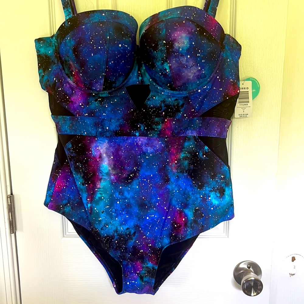 Torrid Swimsuit Size 2 One-Piece Galaxy cutout mesh vixen blue purple B872